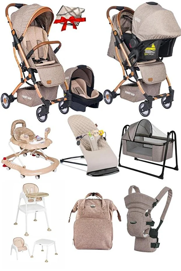 Tommybaby 10 Parça Bebek Çeyiz Seti Kabin Travel Bebek Arabası Puset Beşik Yürüteç Mama Sandalyesi Ana Kucağı