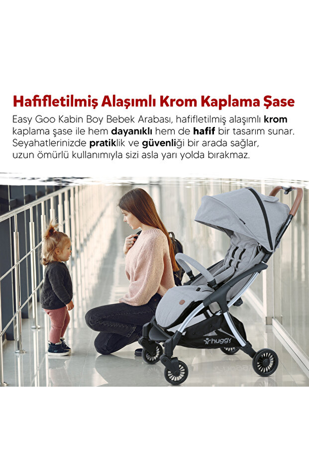 Huggy Easy Go Kabin Boy Hafif ve Portatif Otomatik Katlanır Bebek Arabası Gri görsel 2