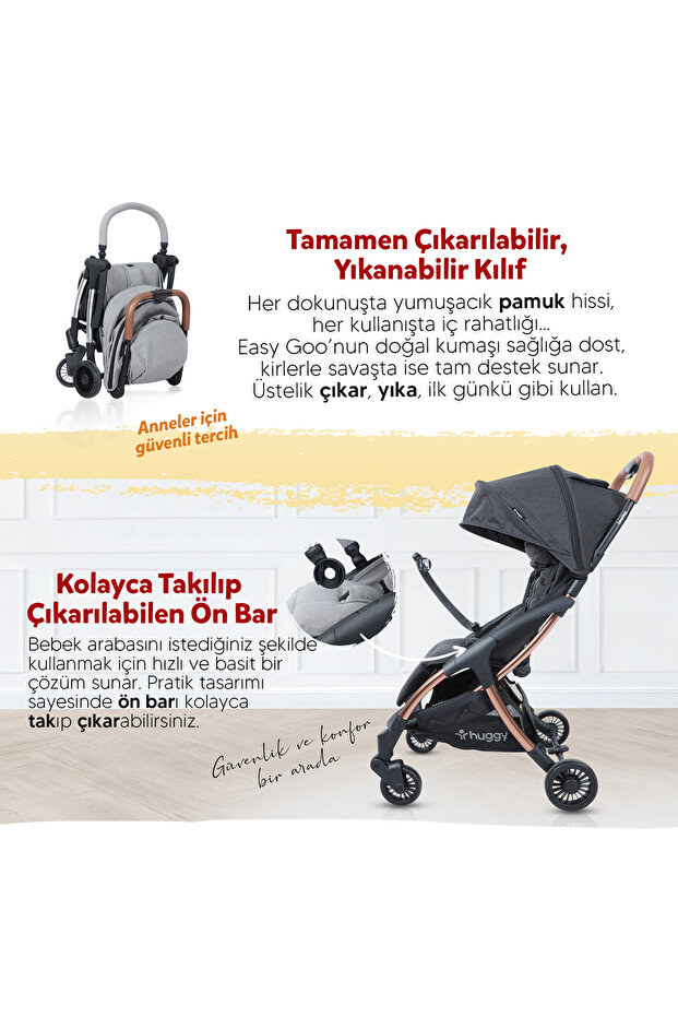 Huggy Easy Go Kabin Boy Hafif ve Portatif Otomatik Katlanır Bebek Arabası Gri görsel 3