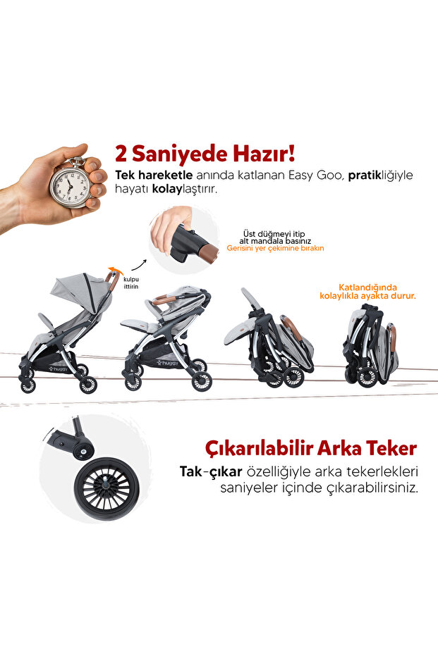 Huggy Easy Go Kabin Boy Hafif ve Portatif Otomatik Katlanır Bebek Arabası Gri görsel 4