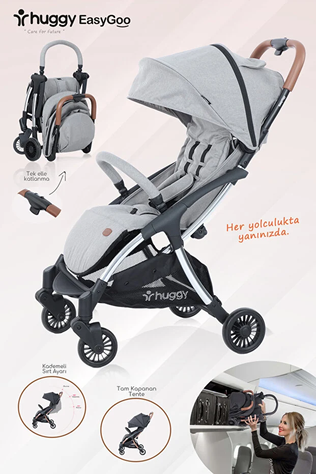 Huggy Easy Go Kabin Boy Hafif ve Portatif Otomatik Katlanır Bebek Arabası Gri