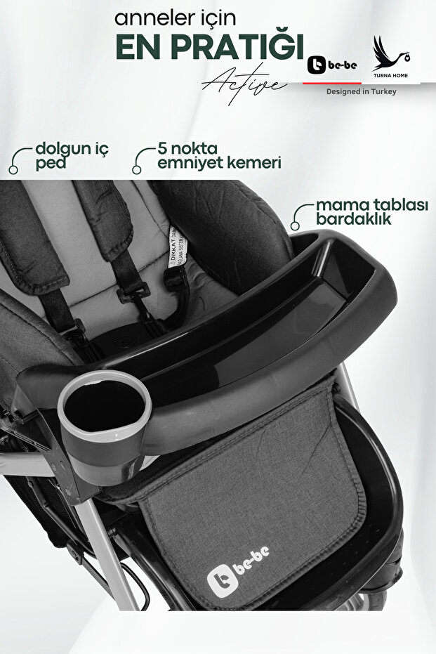 4 Baby Be-be Turnahome Active Çift Yönlü Tam Yatış Pozisyonlu Pratik Katlanır Mama Tablalı Bebek Arabası görsel 5