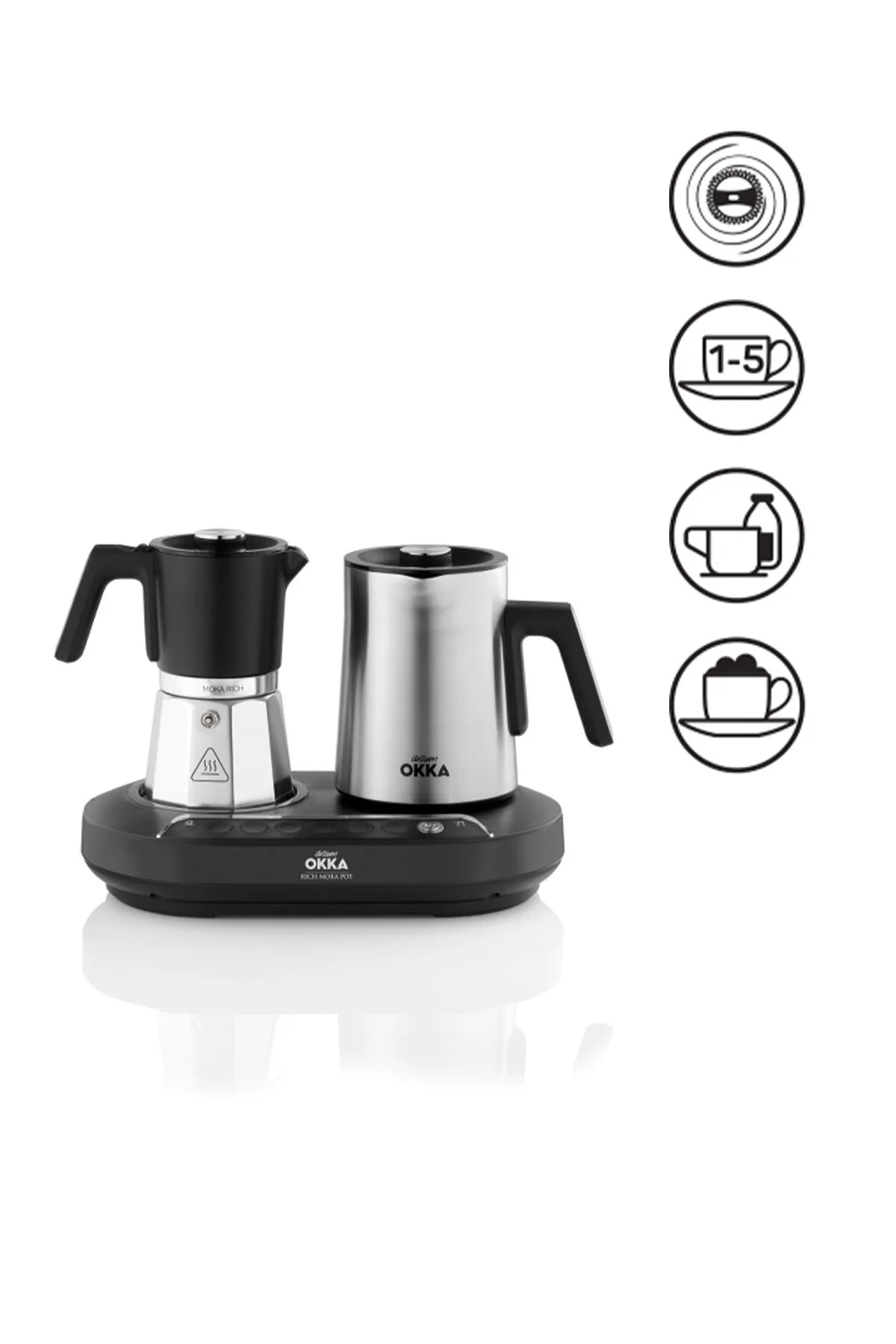 Arzum OK0027 Okka Rich Moka Pot Karıştırıcılı Metal İtalyan ve Türk Kahve Makinesi, Krom