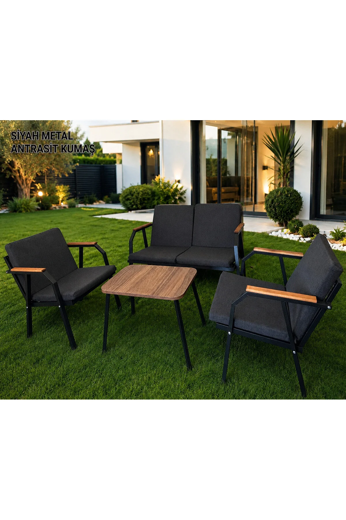 Dekoroom's VİENTO 2-1-1 BAHÇE BALKON MOBİLYASI,SEHPALI,SİYAH İSKELET,KUMAŞ RENGİ 01 ANTRASİT