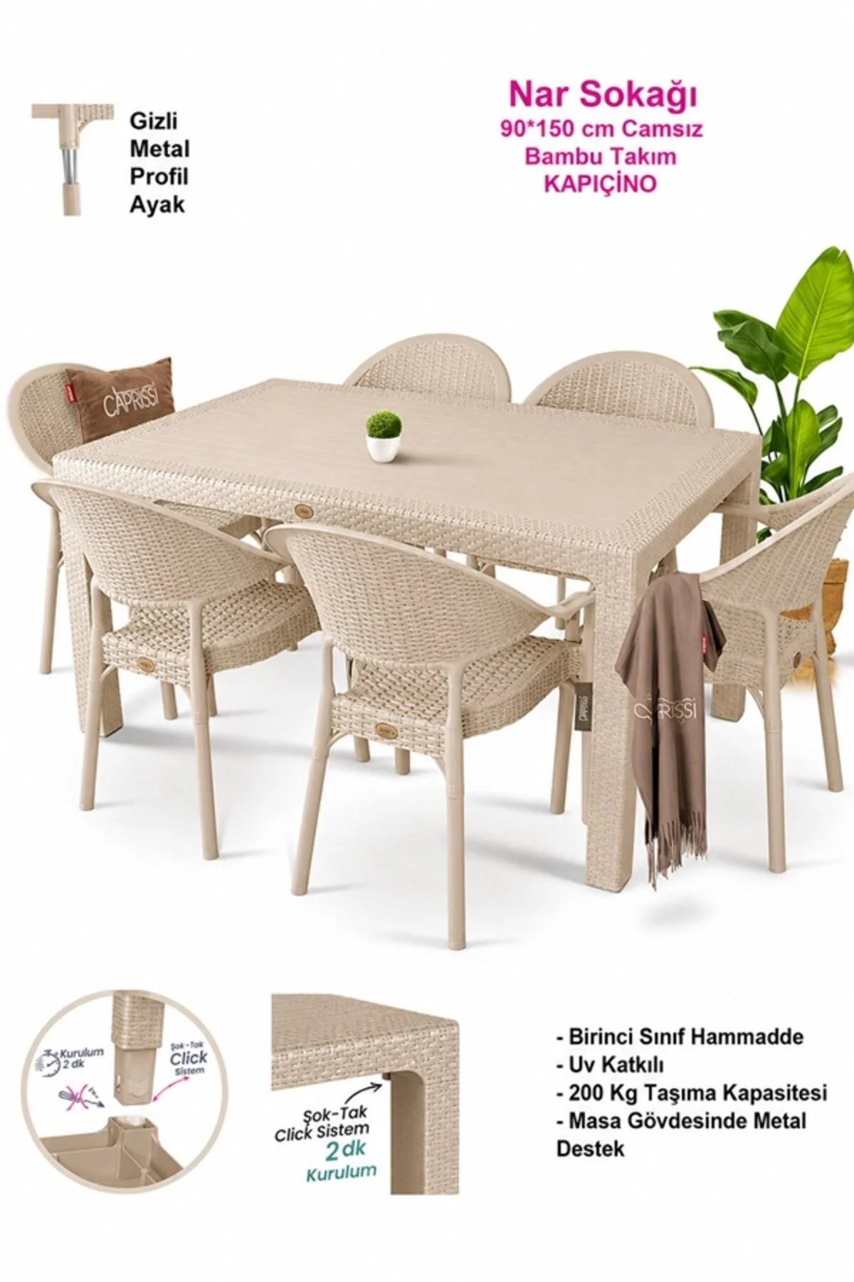 nar sokağı Bambu Kapiçino 90x150 Cm Camsız Rattan Bahçe Balkon Masa Takımı
