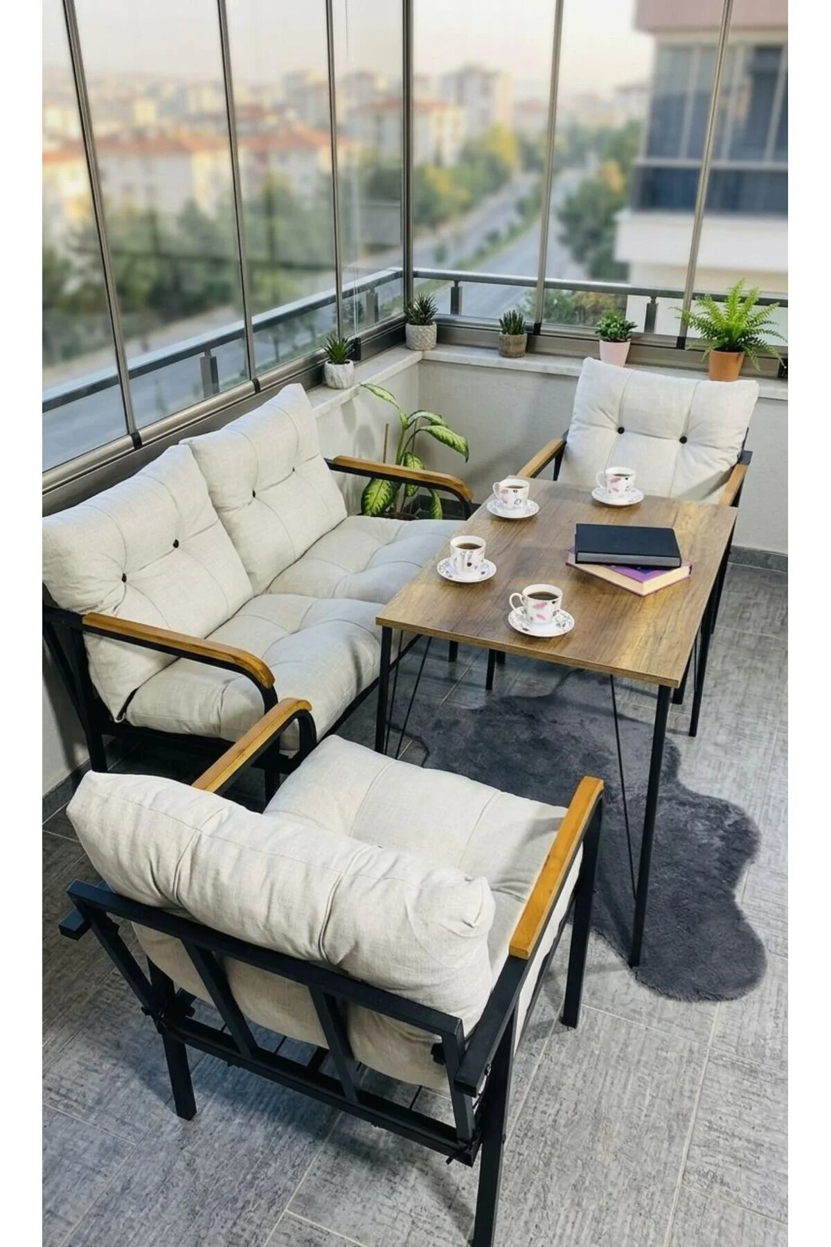 Madame Home Krem Balkon, Bahçe,Teras,Cafe - Salon - Metal Kanepe Koltuk Takımı - 2+1+1 + Masa