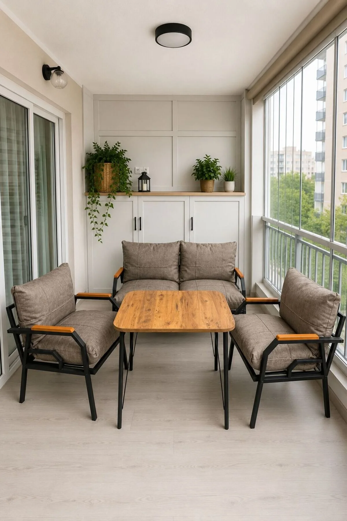 Dekoport Kutay Balkon Takımı, GÜNEŞE DAYANIKLI KUMAŞ Bahçe Takımı, Çay Seti Koltuk Takımı, Metal Kanepe 2-1-1 50x80 Masalı Kapuçino Vizon Kumaş