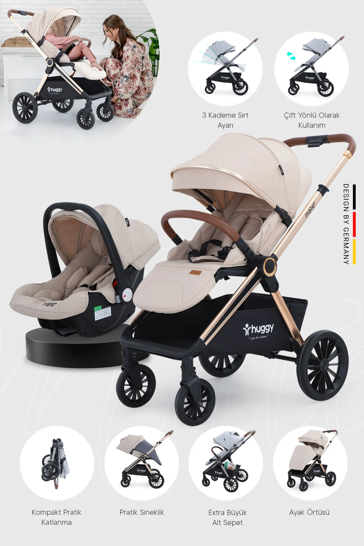 Huggy Mate 5 in 1 Extra Parlak Çift Yönlü Bej Travel Bebek Arabası